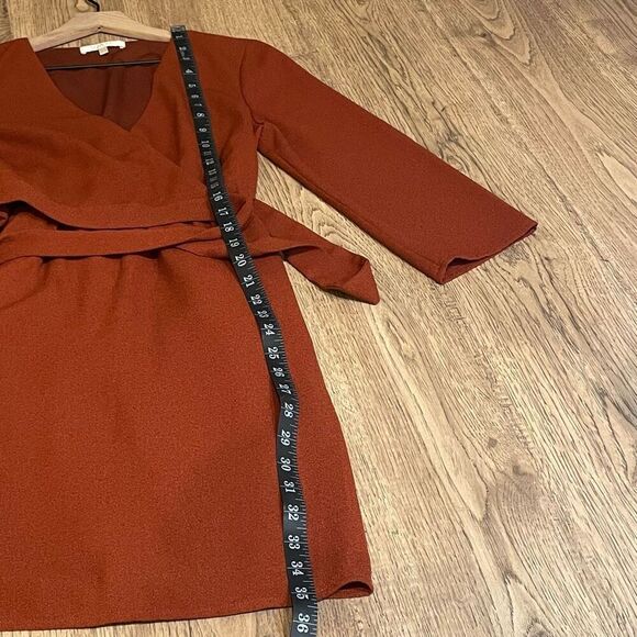WAYF Burnt Orange Mini Wrap Dress Size Small Boho Chic, V-Neck, Long 3/4 Sleeve - Picture 9 of 9